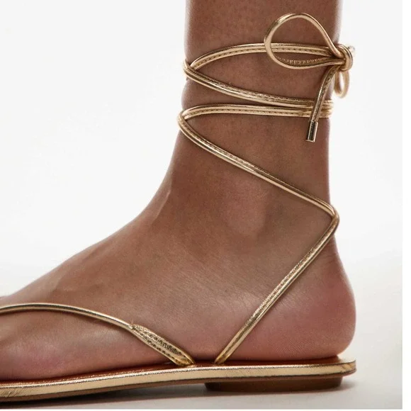 Mango MNG Womens Gold Metallic Wraparound Lace Up Flat Sandals Size 38 - Picture 2 of 14